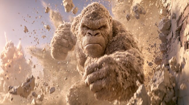 Gorilla figure formed from sand and exploding dust.