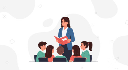 Fototapeta premium Teacher reading to attentive students in a modern, minimalist classroom illustration