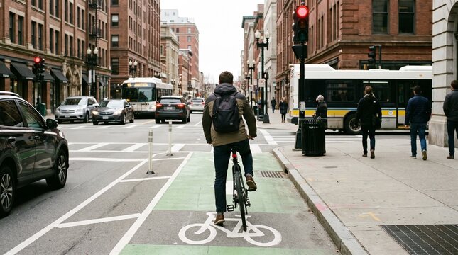 Man rides bicycle on bike lane alongside busy city street with cars and bus