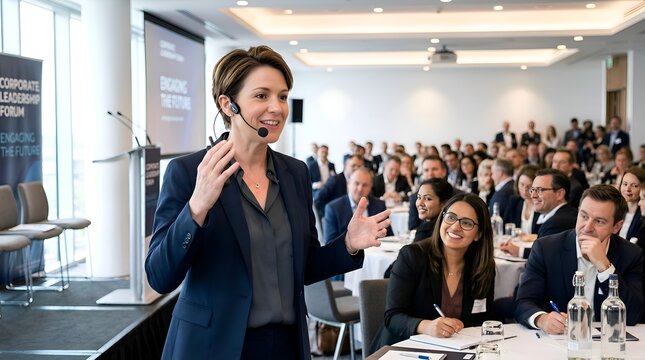 Confident Female Speaker Inspiring Audience at Corporate Forum