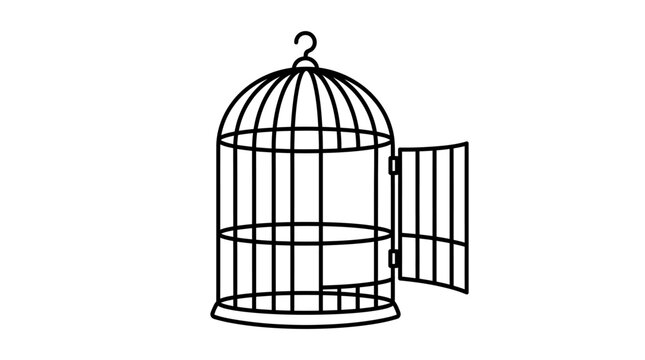 Open Birdcage Symbolizing Freedom, Escape, and Opportunity - Minimalist Line Art Illustration