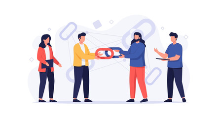 Obraz premium Teamwork and Connection: People collaborating with a chain link symbol representing unity and partnership in business.