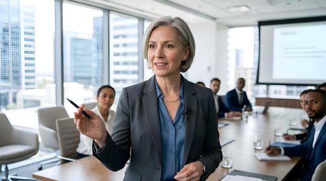 Confident Woman Leading Business Meeting in Modern Office with Presentation