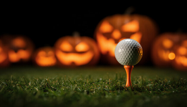 Halloween golf scene blending sport and holiday spirit, with copy space for text. spooky, dark field