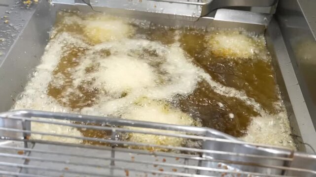 Crispy breaded meat croquettes undergo deep frying in hot oil and undergo placement on a wire rack for drainage in a commercial kitchen environment for consistent quality in food service operations