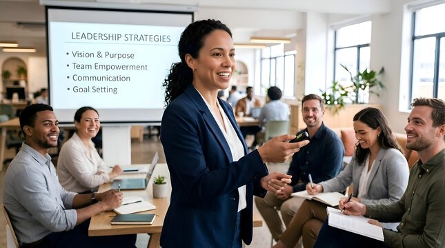 Confident Woman Leads Team Meeting Presentation on Leadership Strategies