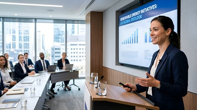 Confident woman presenter leading business meeting, presenting charts on screen.
