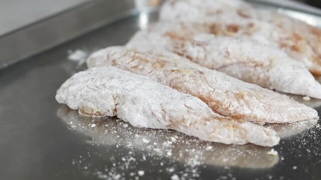 A culinary specialist coats meat in flour batter and breadcrumbs before frying and applying savory sauce for restaurant service in a highly organized commercial kitchen food production workspace
