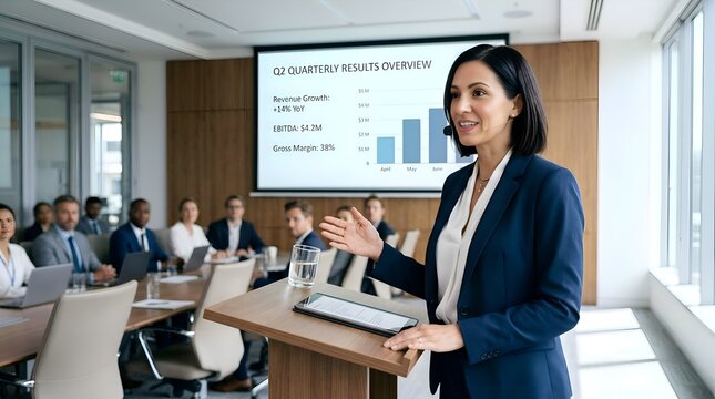 Confident Woman Presenting Business Growth Chart in Boardroom