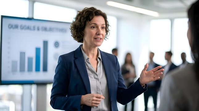 Confident Woman Presenting Business Goals and Objectives on Screen