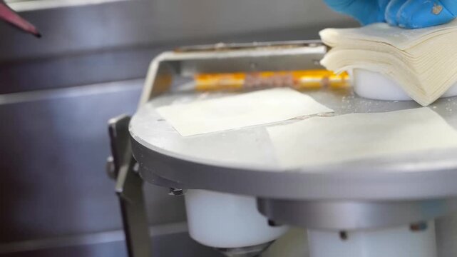 Industrial equipment forms individual meat portions wrapped in thin pastry sheets for high volume production in a professional food facility where operators manage the assembly and sorting process