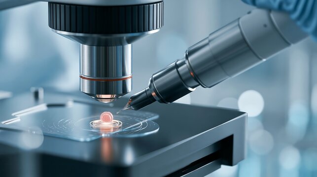 Optically controlled microrobotic probe manipulating a single biological cell on a microscope slide. Biotechnology, precision medicine, laboratory automation and advanced biomedical engineering