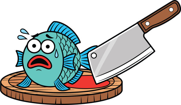 Scared fish cartoon character on cutting board vector illustration, butcher knife preparation concept isolated on white