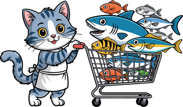Cute cat chef pushing shopping cart full of fish vector illustration, funny grocery shopping concept isolated on white