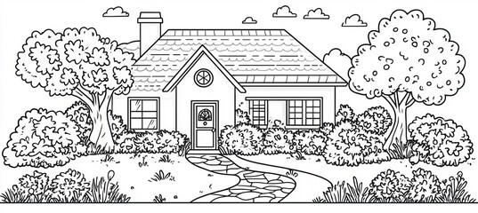 Obraz premium Minimalist black outline drawing of a suburban cottage with trees and plants in cartoon style.