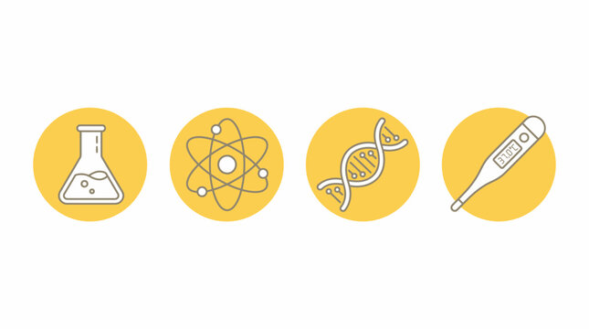 Scientific research icons such as a glass flask, atomic structure, DNA helix, and digital thermometer are presented in yellow circles to symbolize advancements in medicine, biology, and chemistry.