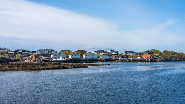 View to houses at the water in Bronnoysund, Norway
