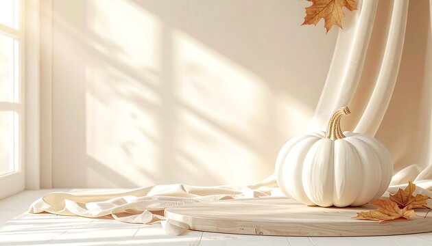 Luxury Cream Beige Halloween Background with White Pumpkin