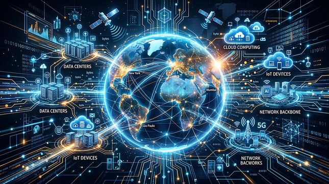 Digital network visualization with data centers, cloud computing, io t devices, and network backbones