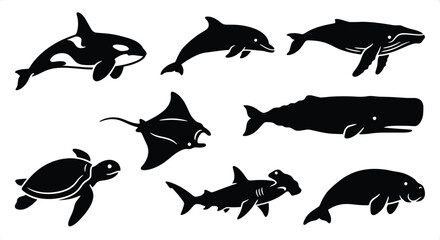 Oceanic Marine Life Silhouettes Including Whale Dolphin Orca Turtle Shark Manta Ray and Manatee © Graphic Seller