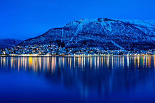 View to Tromsdalen in Tromso at midnight