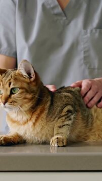 Vertical video: Vet in grey scrubs lifting and holding brown tabby on steel table for exam, patting