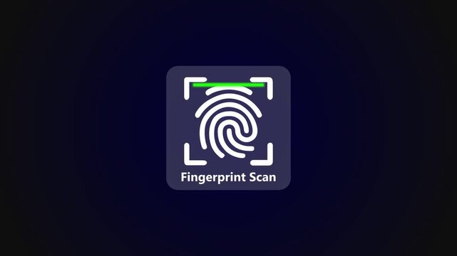Animation of white Futuristic fingerprint identity scanner icon on dark background. 4k resolution.
