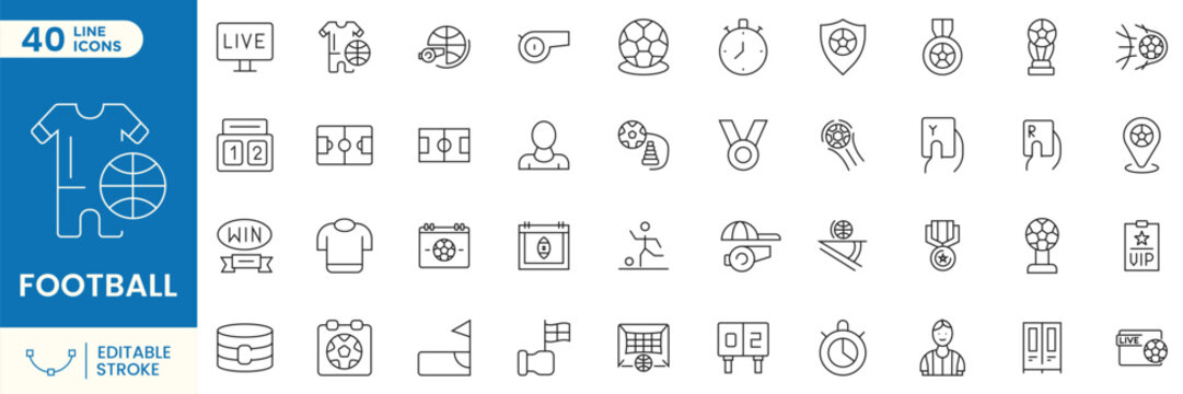 Football line icons set, soccer outline symbols collection with ball, goal, trophy, referee, stadium, jersey, whistle, boots and more. Editable stroke vector