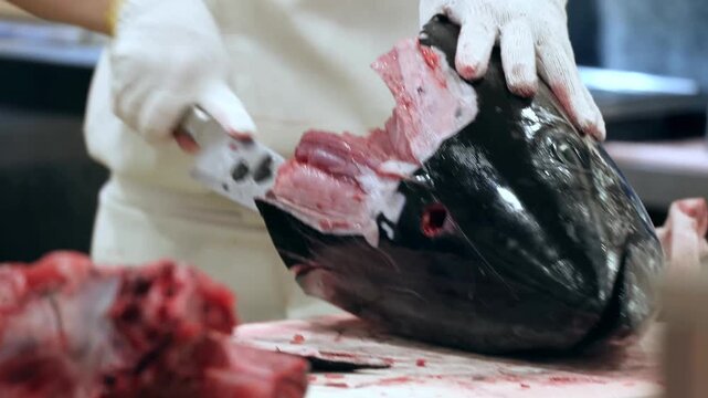 A chef performs expert tuna butchery on a sterile white surface by removing portions from the head using a sharp blade while maintaining hygiene standards during raw seafood processing operations