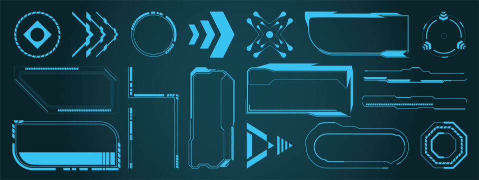 Futuristic HUD interface elements vector set. Blue cyber frames, navigation arrows, circular indicators, digital panels and sci fi dashboard graphics on dark background.