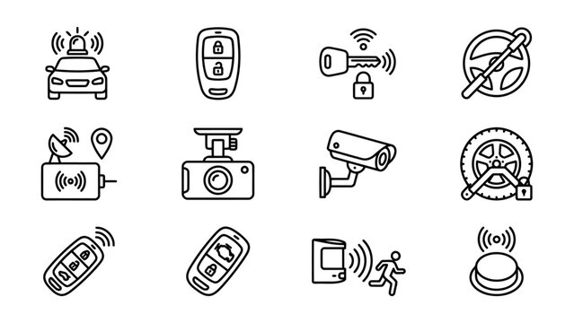 Automotive Security and Smart Car Features Line Icon Set