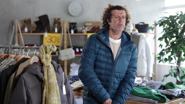 Man found his size of a down jacket on sale and tries it on in a store. Buying winter jackets in the showroom. High quality 4k footage