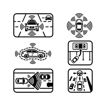 Smart car autonomous driving technology icons showing sensor radar and lane assistance features