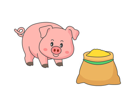 Cute pig, cartoon piglet, Pig eats grain from a sack. Vector illustration.