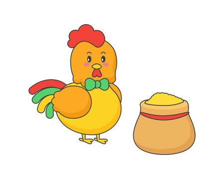 Cute rooster, cartoon cockerel, Rooster eats grain from a sack. Vector illustration.