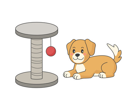Cute dog, cartoon puppy, Puppy playing with a scratching post. Vector illustration.