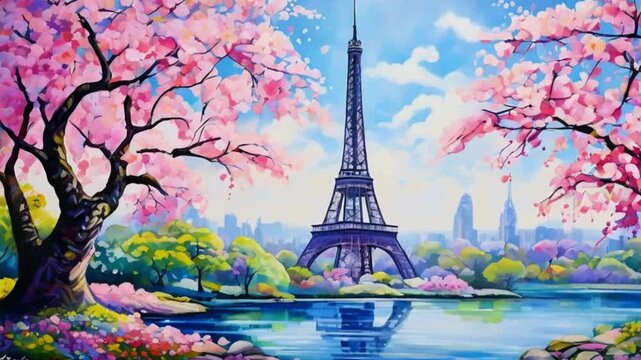 Eiffel Tower Paris Landscape with Pink Cherry Blossoms
