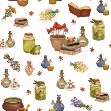 Whimsical seamless cottagecore pattern featuring frogs, potion bottles, vintage books, magical mushrooms, herbs, lavender and botanical elements. Perfect for fabric, wallpaper, wrapping paper and stat