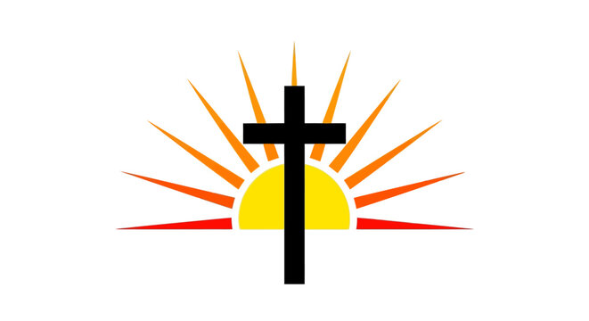Black Christian cross silhouette against a rising sun design.