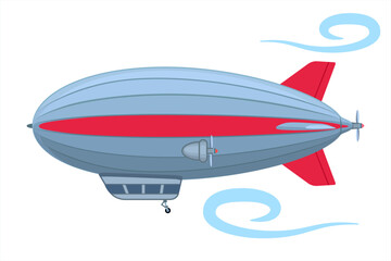 Cartoon vector illustration of a vintage blue dirigible airship with bright red fins flying through light blue wind swirls on a white background.  Flying zeppelin in air. Futuristic dirigibles. Vector © Art_freeman