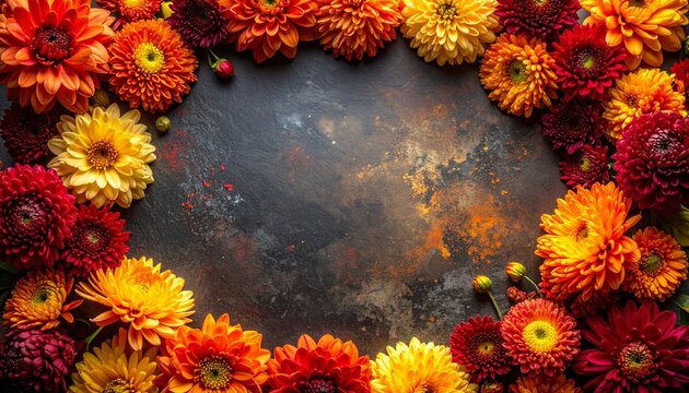 燃えるようなオレンジと黄色の菊の花。ダークな質感の背景に映える鮮やかフレーム