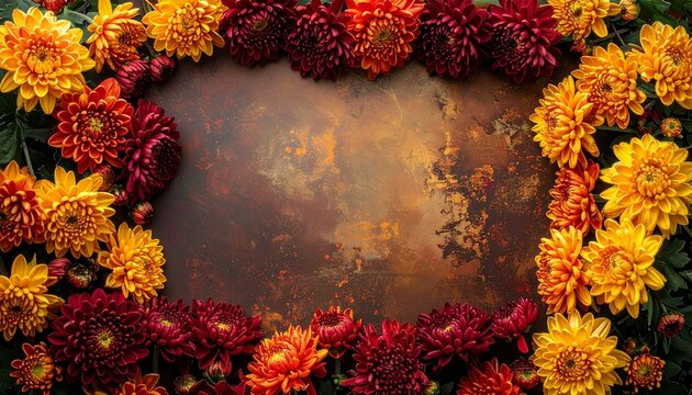 シックなアンティーク風の暗い背景と深紅の菊の花。高級感溢れる大人のフラワーフレーム