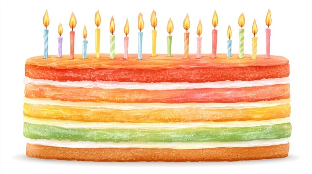Rectangular rainbow layer cake with tall birthday candles.