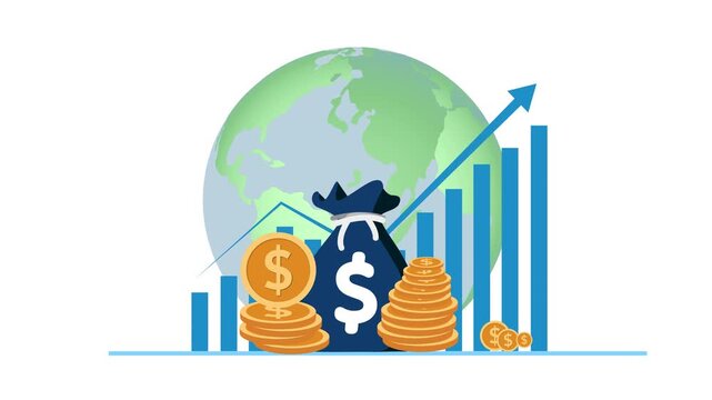 Global finance growth and profit, Money bag in front of a world globe with rising bars and an upward arrow animation