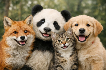 Obraz premium Group of animals smiling together. Portrait of a fox, panda, cat, and puppy. Friends in nature. Concept of friendship and kindness in the animal