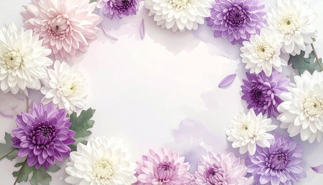 水彩風の淡い菊の花が四隅を彩るフレーム。透明感のあるエレガントな背景