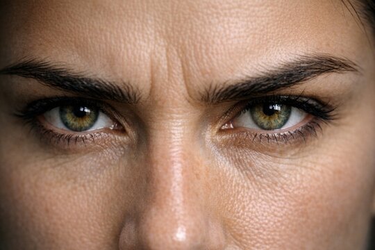 A close-up portrait of a woman with striking green eyes