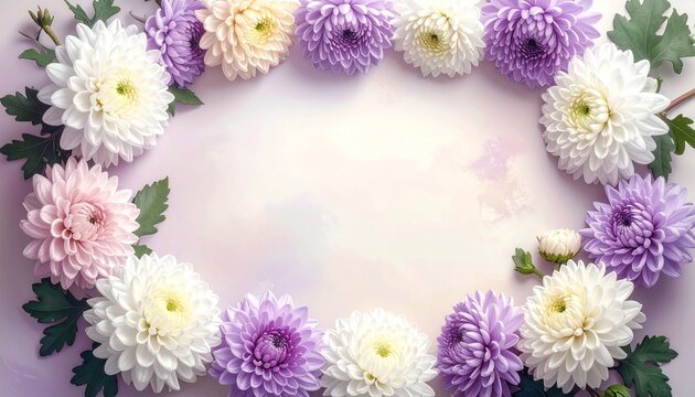 淡いパステルカラーの菊の花が彩る上部フレーム。優しい光が差し込む背景素材