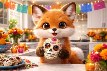 Obraz premium Cute little fox holding sugar skull for Dia de los Muertos celebration. Festive interior with colorful floral decor and candle lights. Traditional Mexican culture and holiday art style