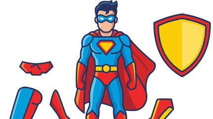A cartoon superhero character stands proudly wearing a vibrant blue and red costume © durjayu